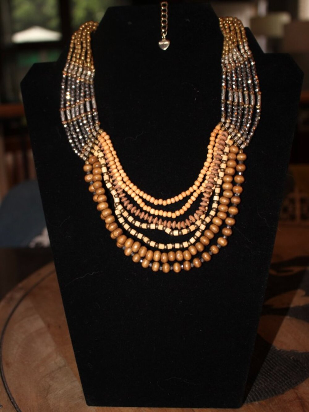 Nakamol Beaded Necklace Stamped Gunmetal Gold Silver Wood Artisan Thailand